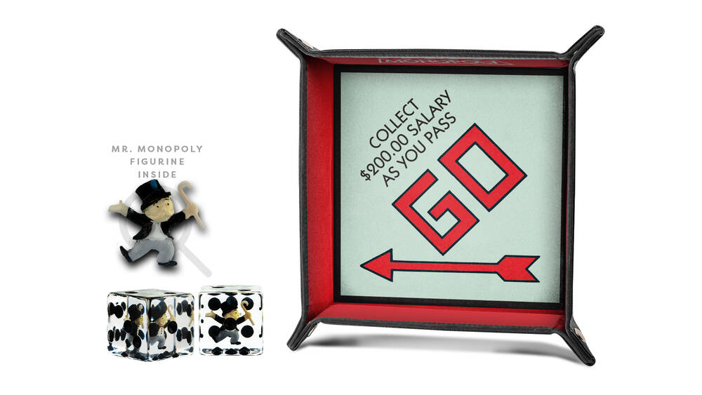 MDG Fanroll Monopoly Dice Tray + Mr. Monopoly Dice Bundle