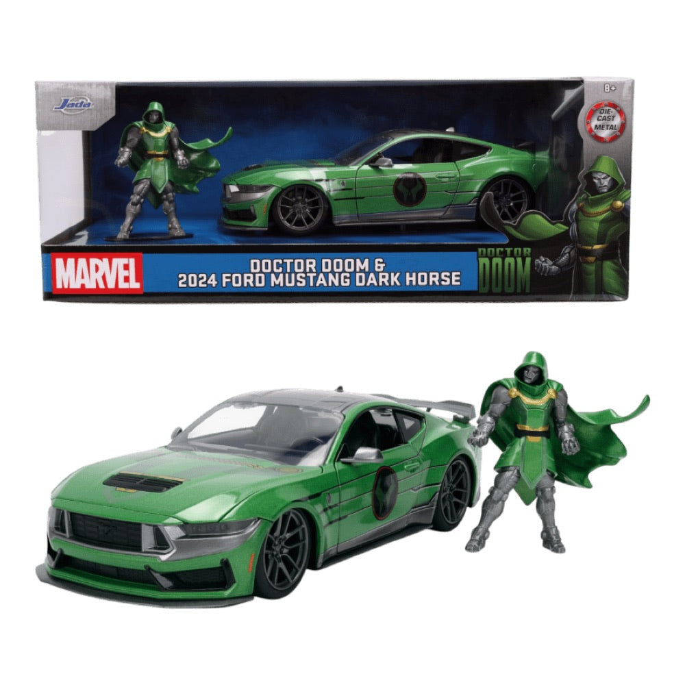 Marvel – 1:24 Doctor Doom Figure with 2024 Ford Mustang Dark Horse Diecast Vehicle