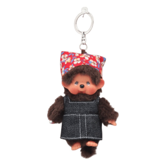 Monchhichi – Floral Bandana and Denim Skirt Girl Plush Keychain